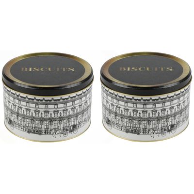 Urban Living koektrommel/voorraadblik Biscuits - 2x - Versailles - metaal - wit/zwart - 17 x 11 cm