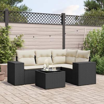 5-delige Loungeset met kussens poly rattan zwart