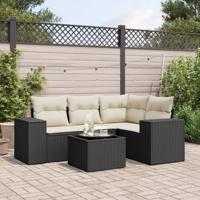 5-delige Loungeset met kussens poly rattan zwart