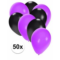 50x ballonnen - 27 cm - paars / zwarte versiering - thumbnail