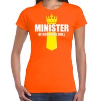 Koningsdag t-shirt Minister of rock N roll met kroontje oranje voor dames