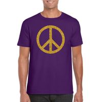 Paars Flower Power t-shirt gouden glitter peace teken heren - thumbnail