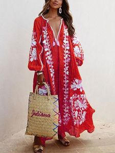 Balloon Sleeves Boho Printed Maxi Weaving Dress