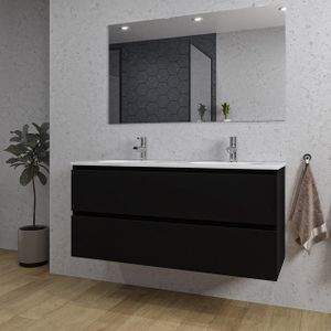 Adema Chaci Badkamermeubelset - 120x46x57cm - 2 ovale keramische wasbakken wit - 2 kraangaten - 2 lades - rechthoekige spiegel - mat zwart SW1212777/SW718719/SW724613