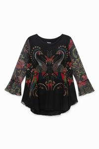 Wijd uitlopend shirt met pauwen - BLACK - M