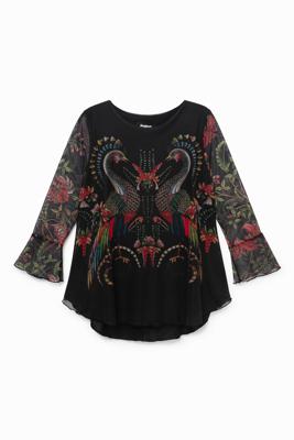 Wijd uitlopend shirt met pauwen - BLACK - S