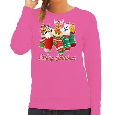 Foute Kersttrui - sweater - kerstsokken met diertjes - Merry Christmas - roze - voor dames Foute Kersttrui - sweater - kerstsokken met diertjes - Merry Christmas - roze - voor dames