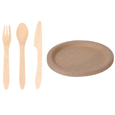 Houten verjaardag bestek voor 30x personen set en 30x Duurzame papieren taart/hapjes bordjes 23 cm