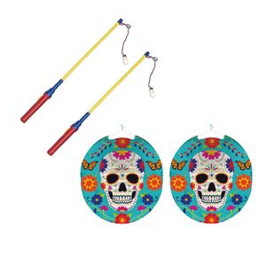 2x stuks ronde lampion 25 cm Day of the Dead sugarskull inclusief lampionstokjes