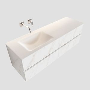 Badkamermeubel BWS Valencia Carrara Mat 150 cm Solid Surface Wastafel Rechthoekige Wasbak Links (0 kraangaten, 4 lades)