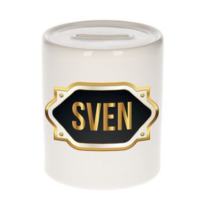 Naam cadeau spaarpot Sven met gouden embleem