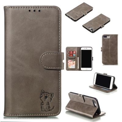 iPhone 7 Plus & 8 Plus horizontaal Kat patroon PU leren Flip Hoesje met houder foto frame en opbergruimte voor pinpassen & geld (grijs)