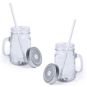 10x stuks glazen Mason Jar drinkbekers zilver dop/rietje 500 ml