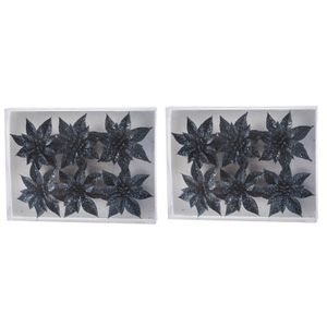 18x Kerstboomversiering donkerblauwe glitter bloemen op clip 8 cm