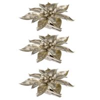3x stuks decoratie bloemen kerstster champagne glitter op clip 9 cm - Kunstbloemen - thumbnail