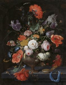 Stilleven met bloemen en een horloge van Abraham Mignon