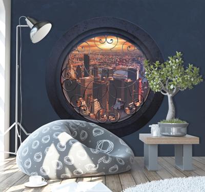 Rond venster new york skyline fotobehang