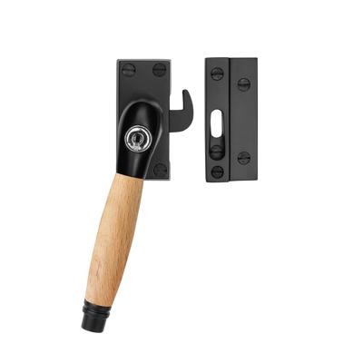 De Oude Deurklink Raamsluiting eikenhout/mat zwart met slot retro links