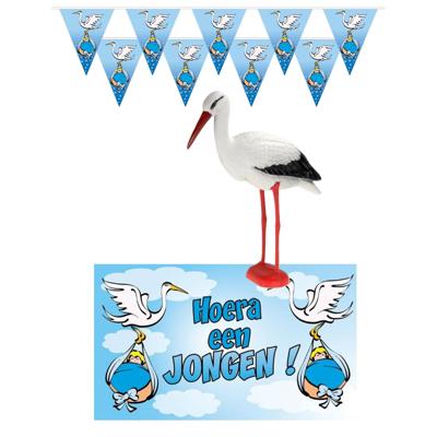 Geboorte baby jongen thema versiering - 4 artikelen - blauw - binnen - slingers - vlag - ooievaar