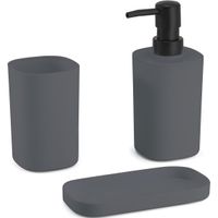 Badkamer accessoires set 3-delig Lona - Kunststof - Donkergrijs - Zeeppompje/beker/schaal