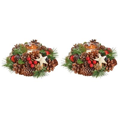 Kerststukje - 2x - krans - met windlichtje - 17 cm - tafeldecoratie