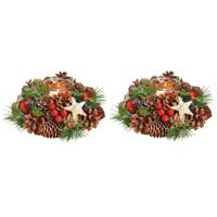 Kerststukje - 2x - krans - met windlichtje - 17 cm - tafeldecoratie