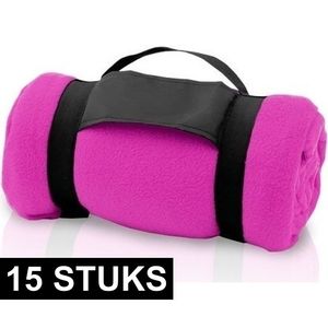 15x Fleece dekens/plaids roze met afneembaar handvat 160 x 130 c