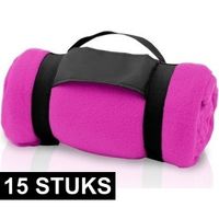 15x Fleece dekens/plaids roze met afneembaar handvat 160 x 130 c