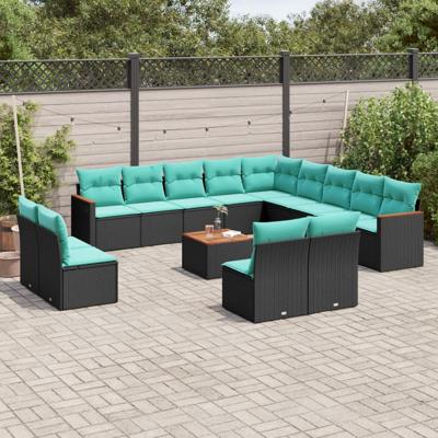 14-delige tuinbankset met kussens van zwart polyrotan
