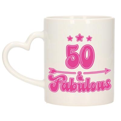 Verjaardag cadeau koffiemok 50 jaar - geweldig - roze - hartjes handvat - 300 ml - Keramiek - Sarah