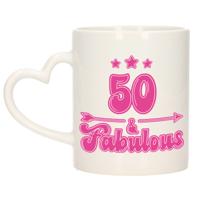 Verjaardag cadeau koffiemok 50 jaar - geweldig - roze - hartjes handvat - 300 ml - Keramiek - Sarah