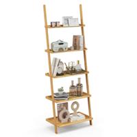 5-Tier Ladder Boekenkast 183 cm Bamboe Wandplank Anti-Val Randen/Anti-Tip Kits Bloemenstandaard voor Woonkamer Badkamer Natuur
