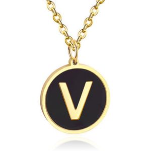 Goudkleurige Dames Schakelketting met Zwarte Kettinghanger Letter V