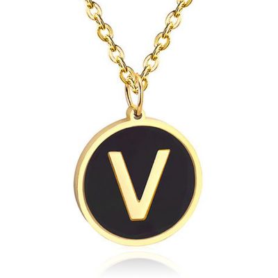 Goudkleurige Dames Schakelketting met Zwarte Kettinghanger Letter V