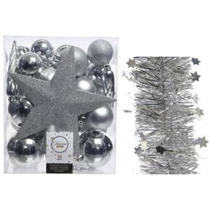 Kerstversiering kerstballen 5-6-8 cm met ster piek en sterren slingers pakket zilver van 35x stuks - Kerstbal