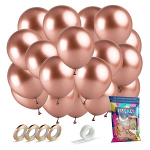 Fissaly® 40 stuks Metallic Rose Goud Helium Latex Ballonnen met Lint Versiering - Feest Decoratie – Chrome Roze & Gouden