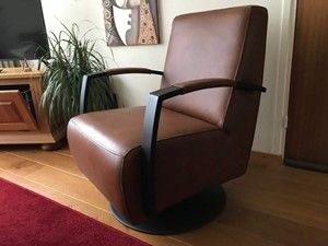 Leren draaifauteuil met stalen frame en schotelvoet - bruin leer - Echt leer, Industrieel, ontdek de vele Leersoorten en Kleuren bij ShopX