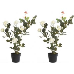2x Groene/witte Rosa rozenstruik kunstplanten 80 cm met zwarte pot   -