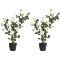 2x Groene/witte Rosa rozenstruik kunstplanten 80 cm met zwarte pot   -