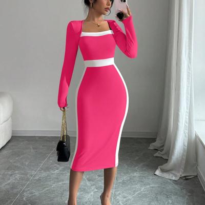 Bon&Bon Navy Blue Colorblock Bodycon Maxi Dress | Square Neck Long Sleeve Hot Pink / XL