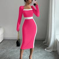 Bon&Bon Navy Blue Colorblock Bodycon Maxi Dress | Square Neck Long Sleeve Hot Pink / XL