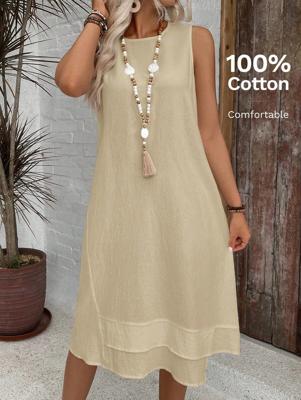 Bon&Bon Khaki Cotton Sleeveless Round Neck A-Line Dress Khaki / XL