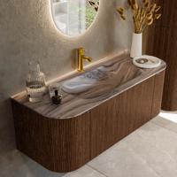 Badmeubel Mondiaz Kurve-Dlux | 120 cm | Meubelkleur Walnut | Wastafelkleur Sombra | Solid surface | Wasbak midden spoelbak | 1 kraangat