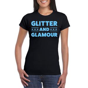 Verkleed T-shirt voor dames - glitter and glamour - zwart - blauw glitter - carnaval/themafeest