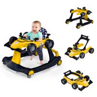 4 in-1 Loopwagen met Instelbare Hoogte en Snelheid Babykart met Anti-Slip Pads Inklapbare Babywandelaar Geel