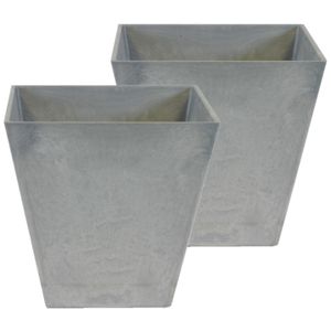 Set van 2x stuks bloempot/plantenpot vierkant van gerecycled kunststof steengrijs D25 en H25 cm