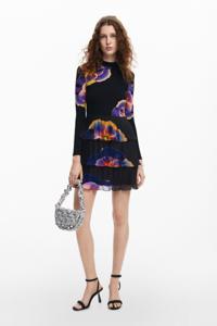 Jurk met bloemen en ruches - BLACK - M