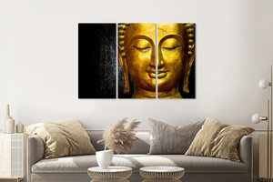 Karo-art Schilderij -  Gouden Boeddha, 120x80cm, 3 luik, premium print