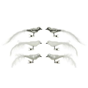 6x stuks glazen decoratie vogels op clip wit/zilver 8 cm