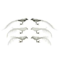 6x stuks glazen decoratie vogels op clip wit/zilver 8 cm